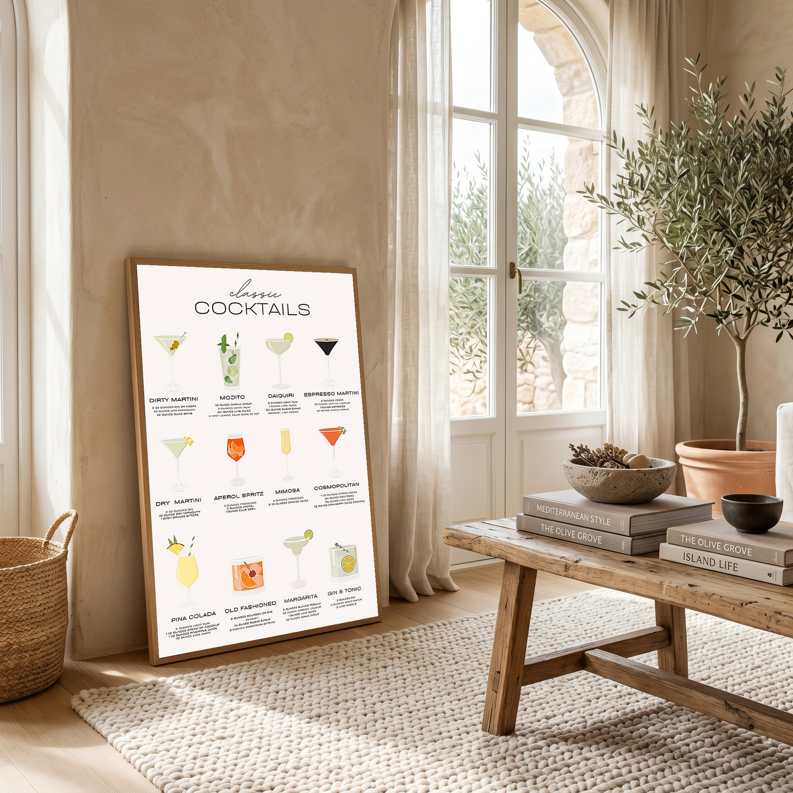 Classic Cocktails Wall Art Print — Vintage Bar Menu Poster