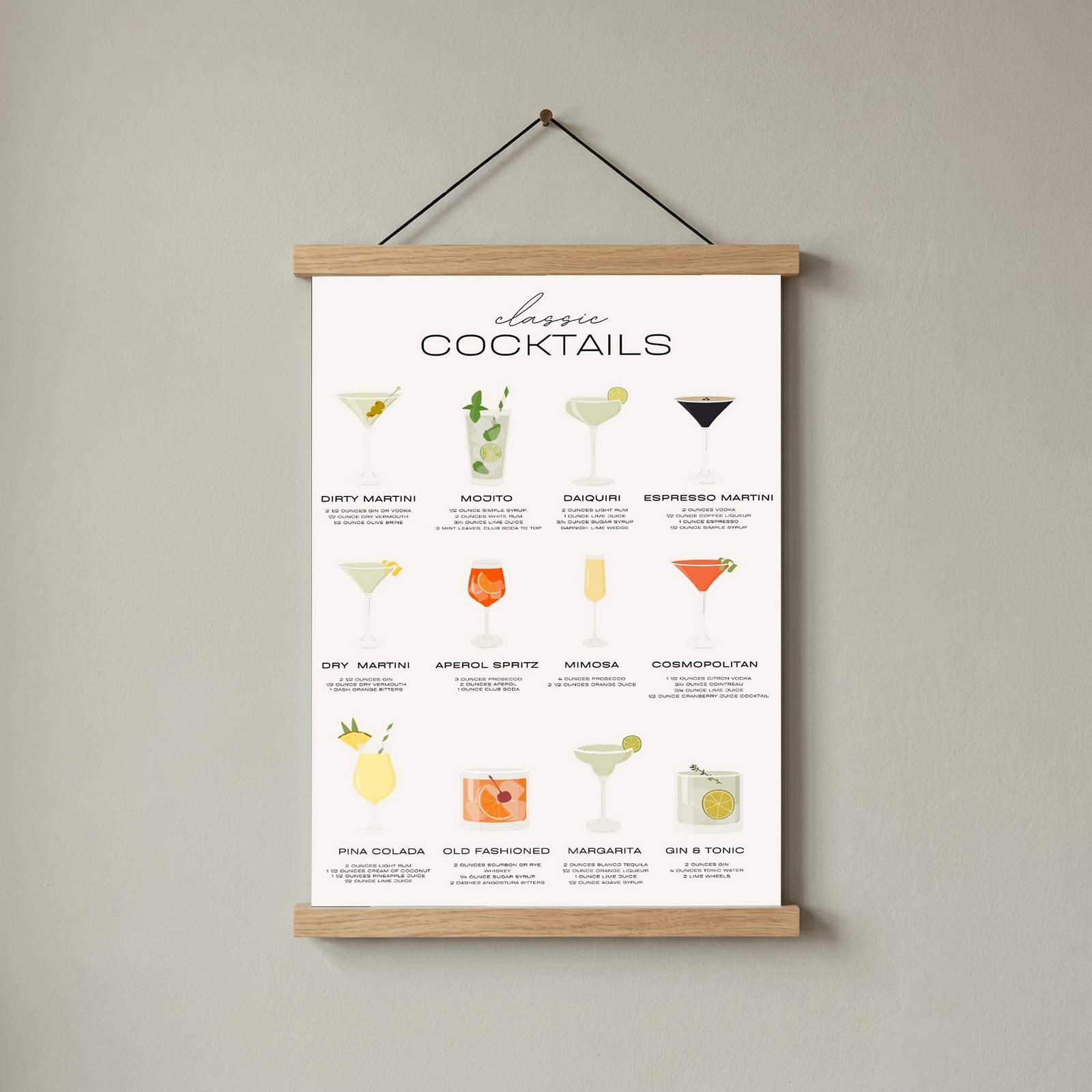 Classic Cocktails Wall Art Print — Vintage Bar Menu Poster