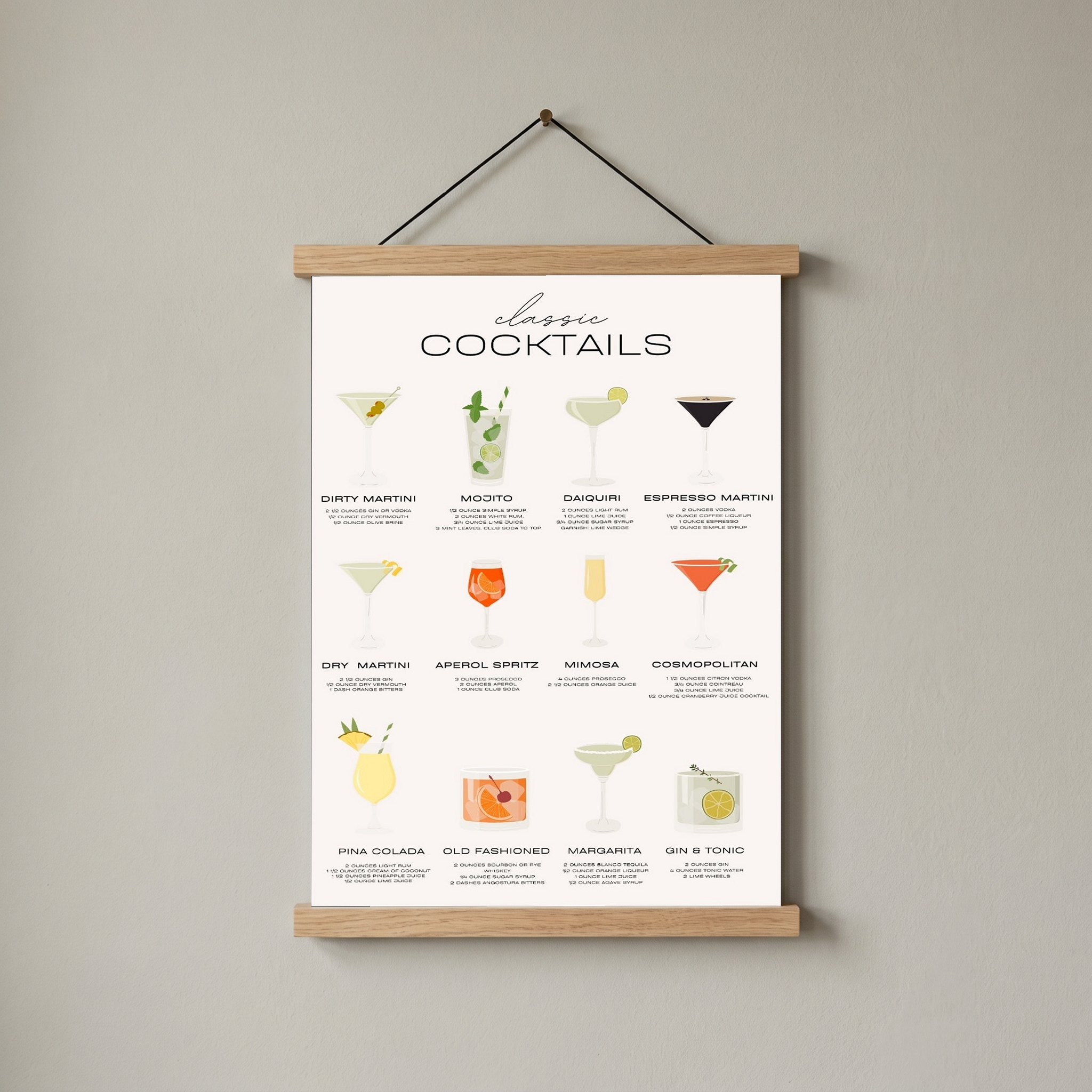 Classic Cocktails Wall Art Print — Vintage Bar Menu Poster