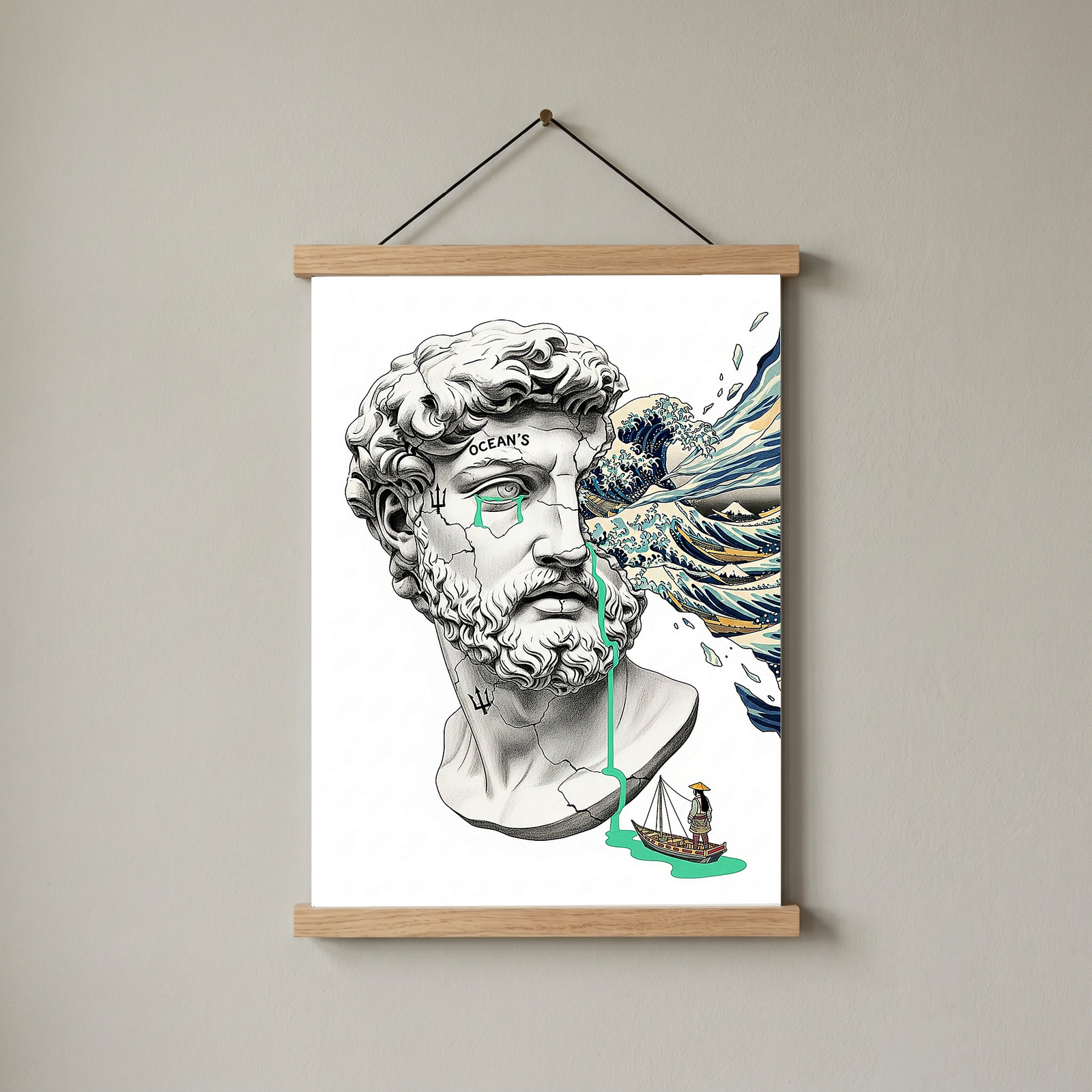 Ocean's Hokusai — Surreal Poseidon Bust Wall Art Print