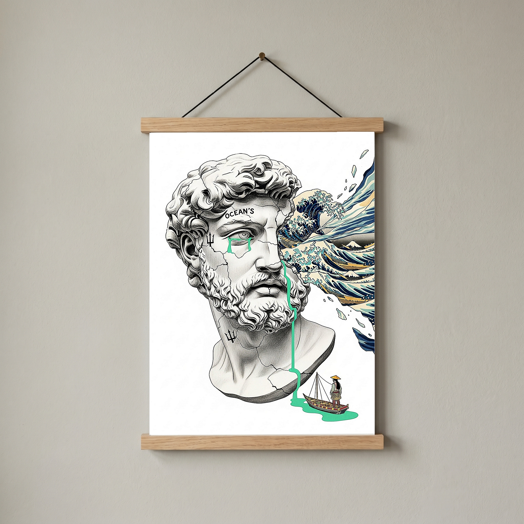 Ocean's Hokusai — Surreal Poseidon Bust Wall Art Print