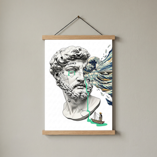 Ocean's Hokusai — Surreal Poseidon Bust Wall Art Print