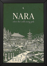Nara Line Art Print — Forest Green Tōdai-ji Temple Pagoda Deer Wall Art