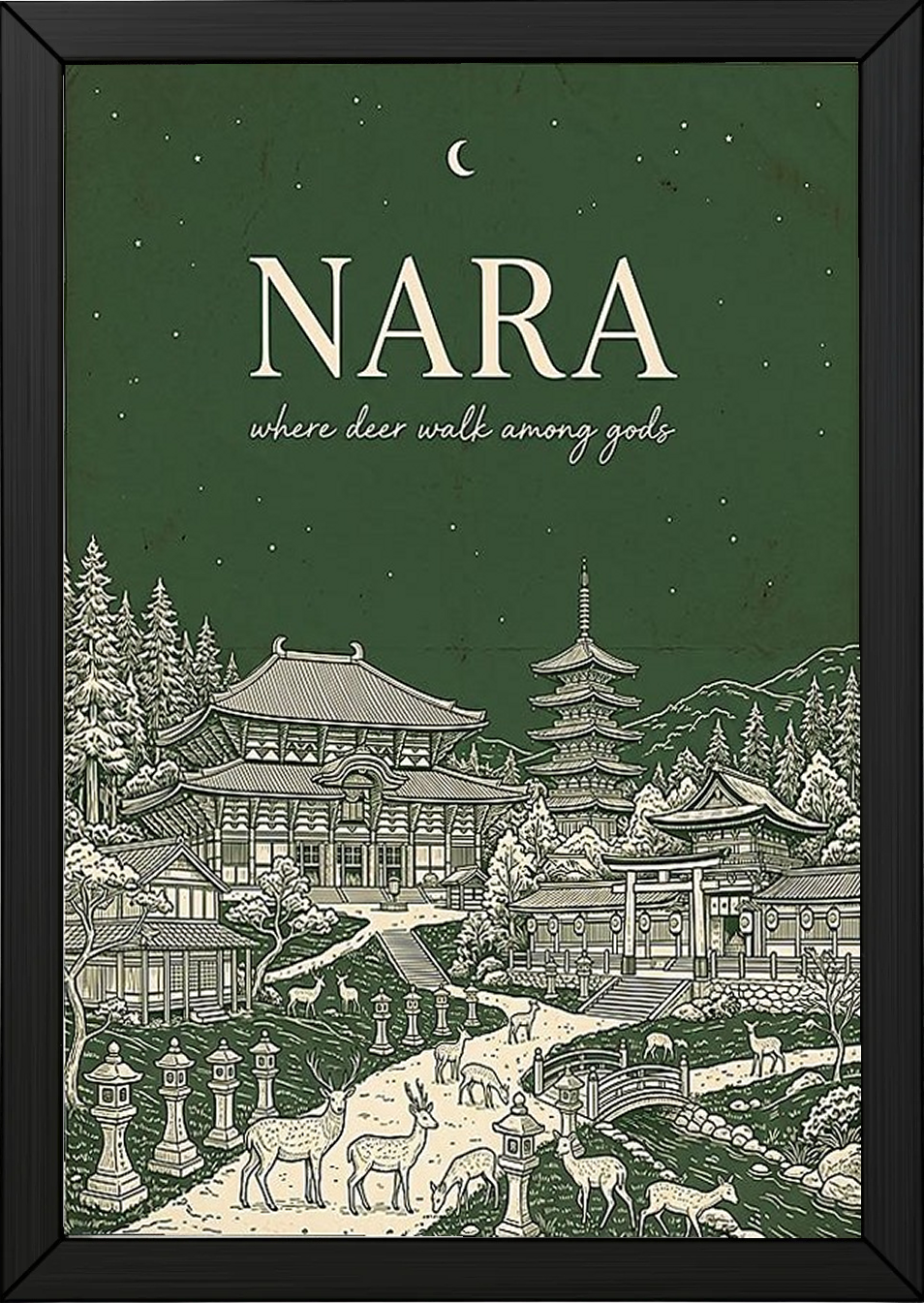 Nara Line Art Print — Forest Green Tōdai-ji Temple Pagoda Deer Wall Art