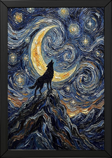 Black Wolf Howling Crescent Moon Print — Van Gogh-Style Mountain Wall Art