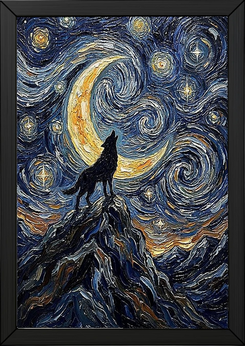 Black Wolf Howling Crescent Moon Print — Van Gogh-Style Mountain Wall Art