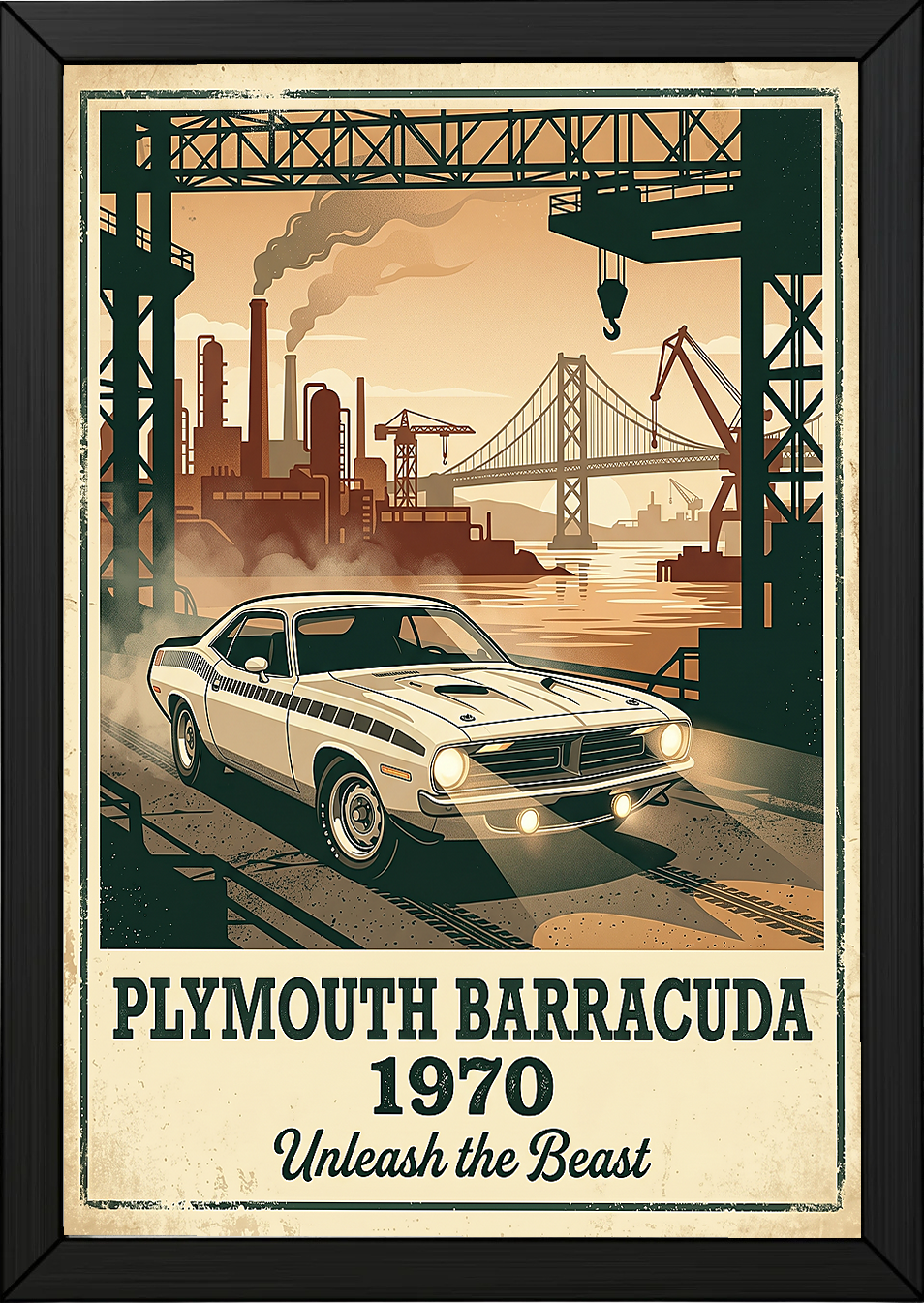 Plymouth Barracuda 1970 V2 Poster — Vintage Muscle Car Industrial Port Print