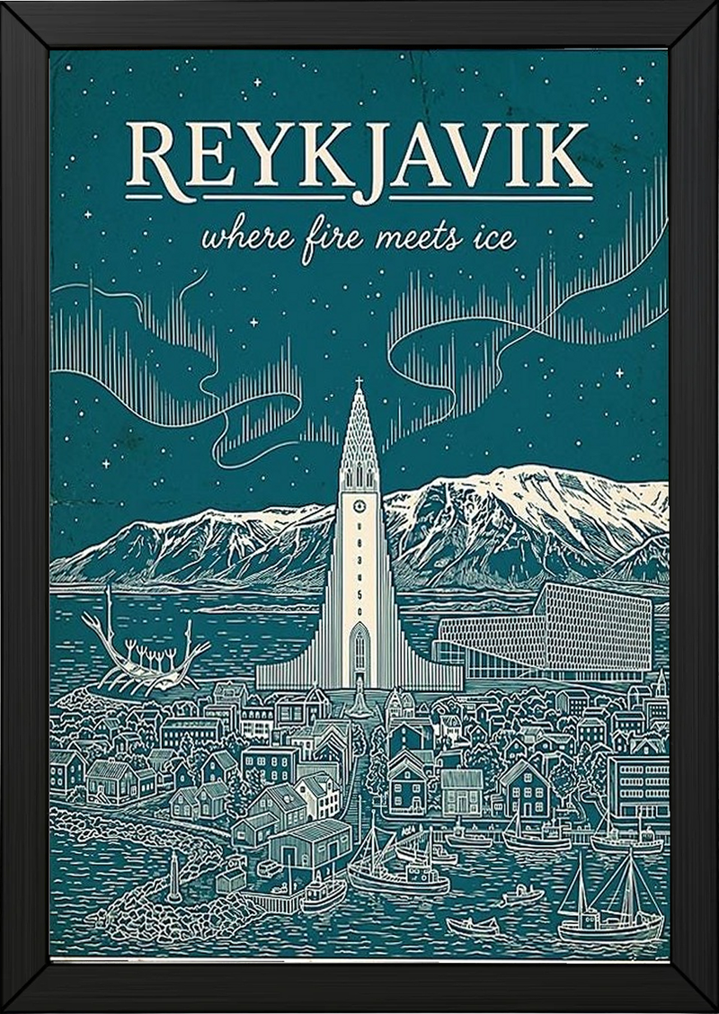 Reykjavik Line Art Print — Teal Hallgrímskirkja Aurora Skyline Wall Art