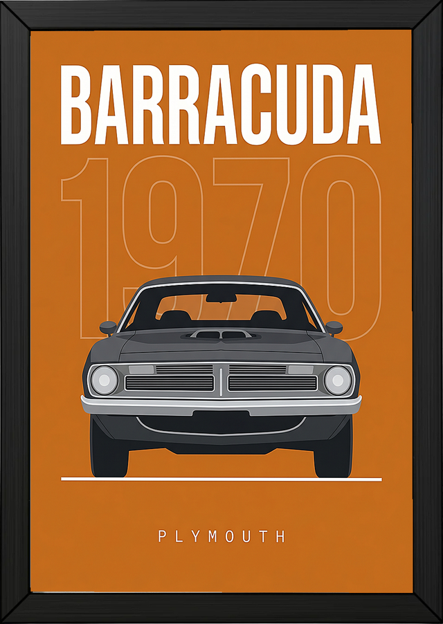Plymouth Barracuda 1970 Minimalist Poster — Orange Muscle Car Line Art