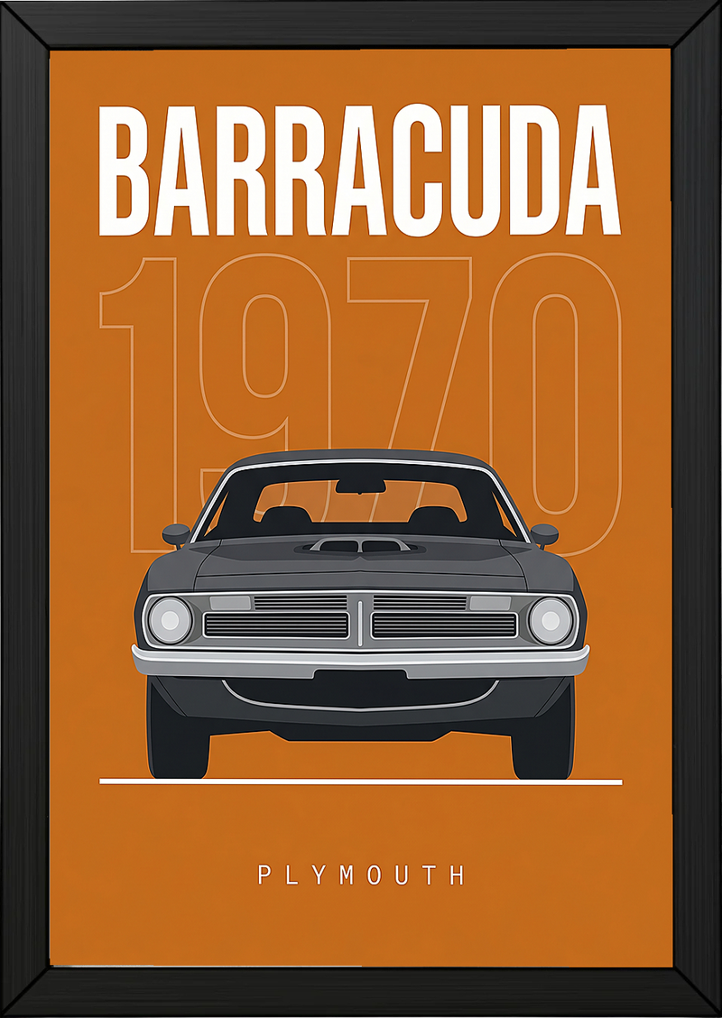 Plymouth Barracuda 1970 Minimalist Poster — Orange Muscle Car Line Art