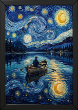 Moonlit Lake Rowboat Print — Van Gogh-Style Night Fishing Cabin Wall Art