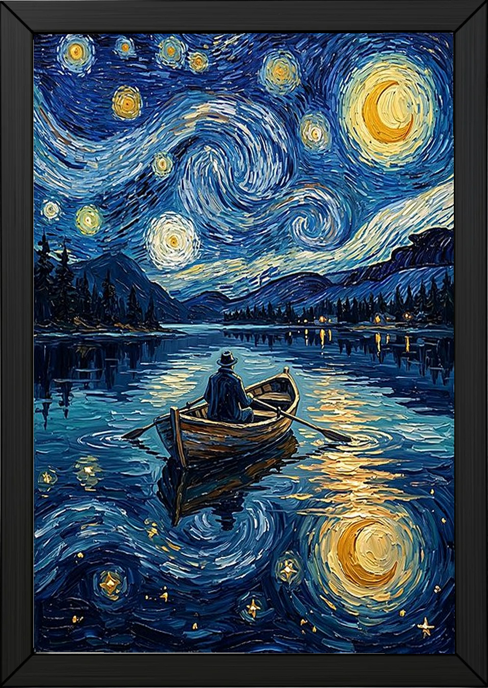 Moonlit Lake Rowboat Print — Van Gogh-Style Night Fishing Cabin Wall Art