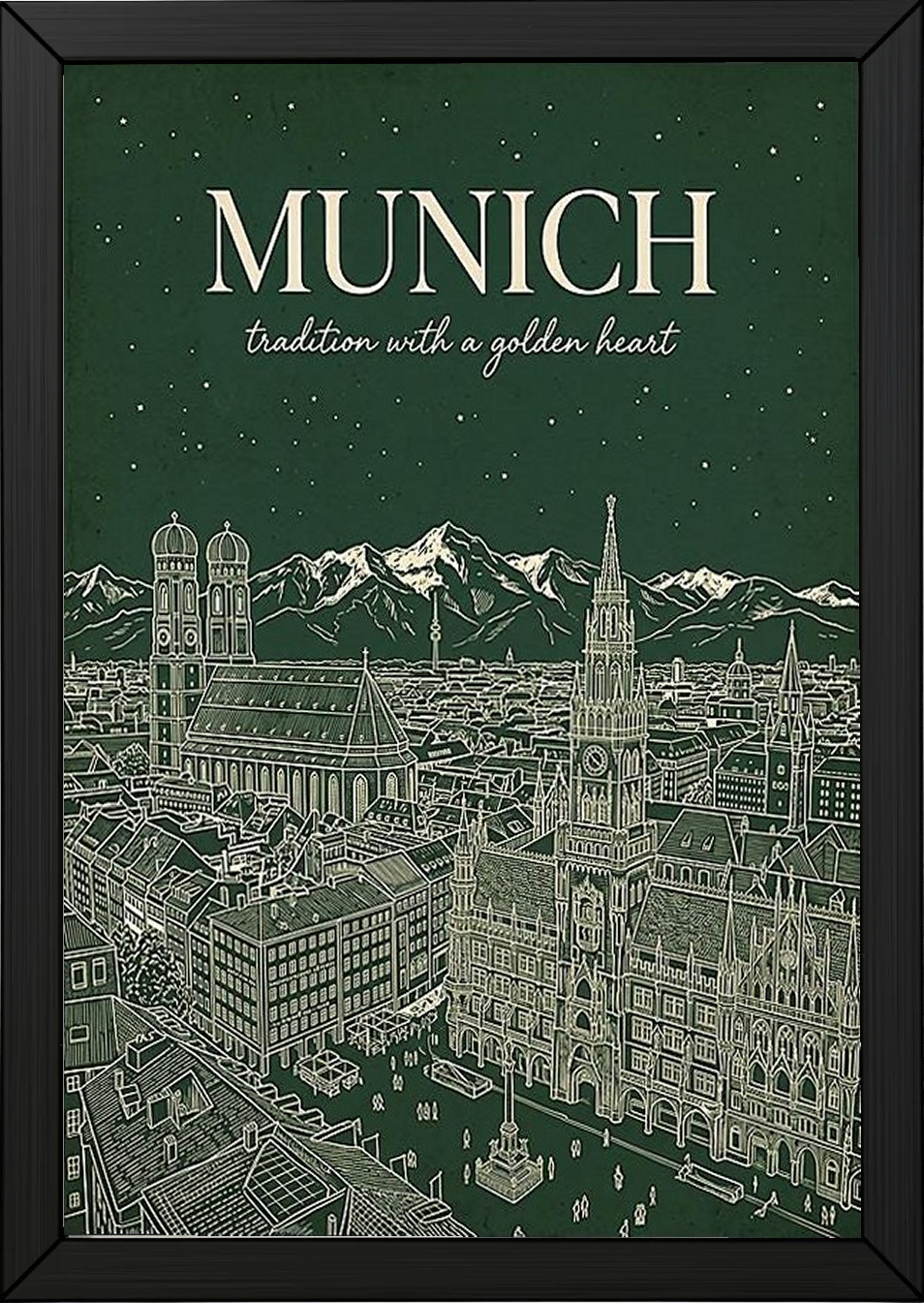 Munich Line Art Print — Forest Green Frauenkirche Marienplatz Skyline Wall Art