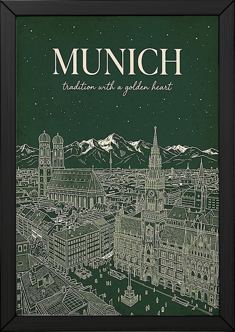 Munich Line Art Print — Forest Green Frauenkirche Marienplatz Skyline Wall Art