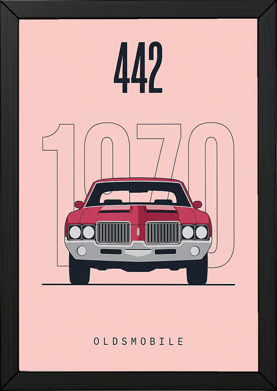 Oldsmobile 442 1970 Minimalist Poster — Blush Pink Muscle Car Line Art