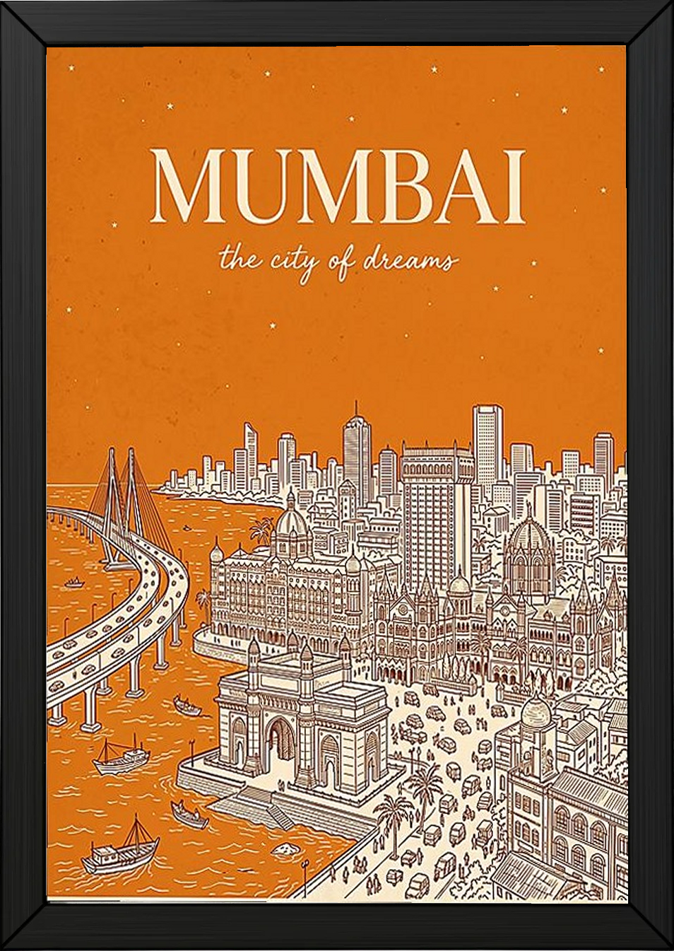 Mumbai Line Art Print — Saffron Gateway of India Marine Drive Skyline Wall Art