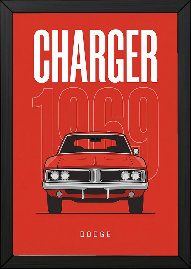 Dodge Charger 1969 Minimalist Poster — Red Muscle Car Line Art