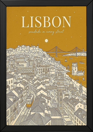Lisbon Line Art Print — Mustard Yellow Tram Belém Tower Skyline Wall Art