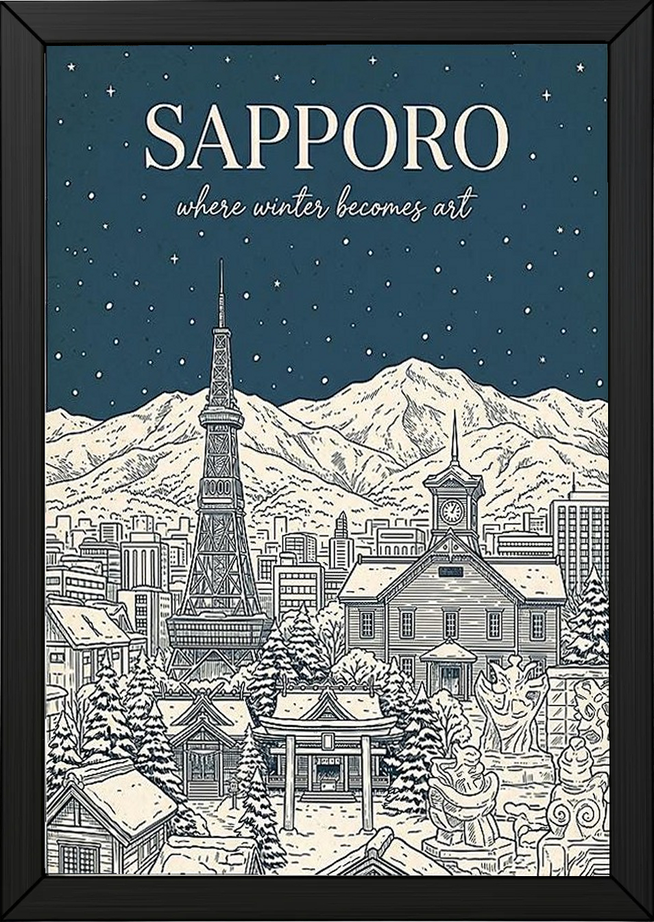 Sapporo Line Art Print — Steel Blue Snow Festival TV Tower Wall Art