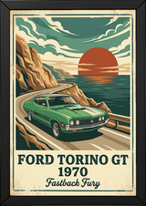 Ford Torino GT 1970 Poster — Vintage Muscle Car Coastal Cliff Sunset Print