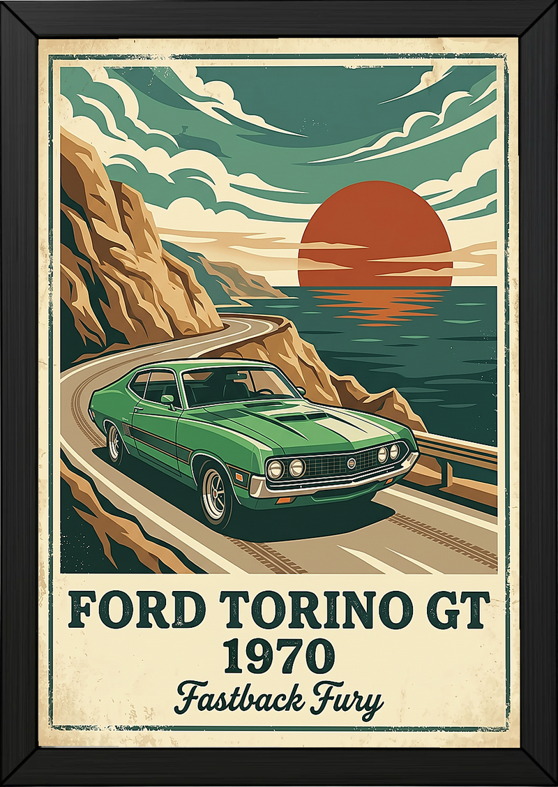 Ford Torino GT 1970 Poster — Vintage Muscle Car Coastal Cliff Sunset Print