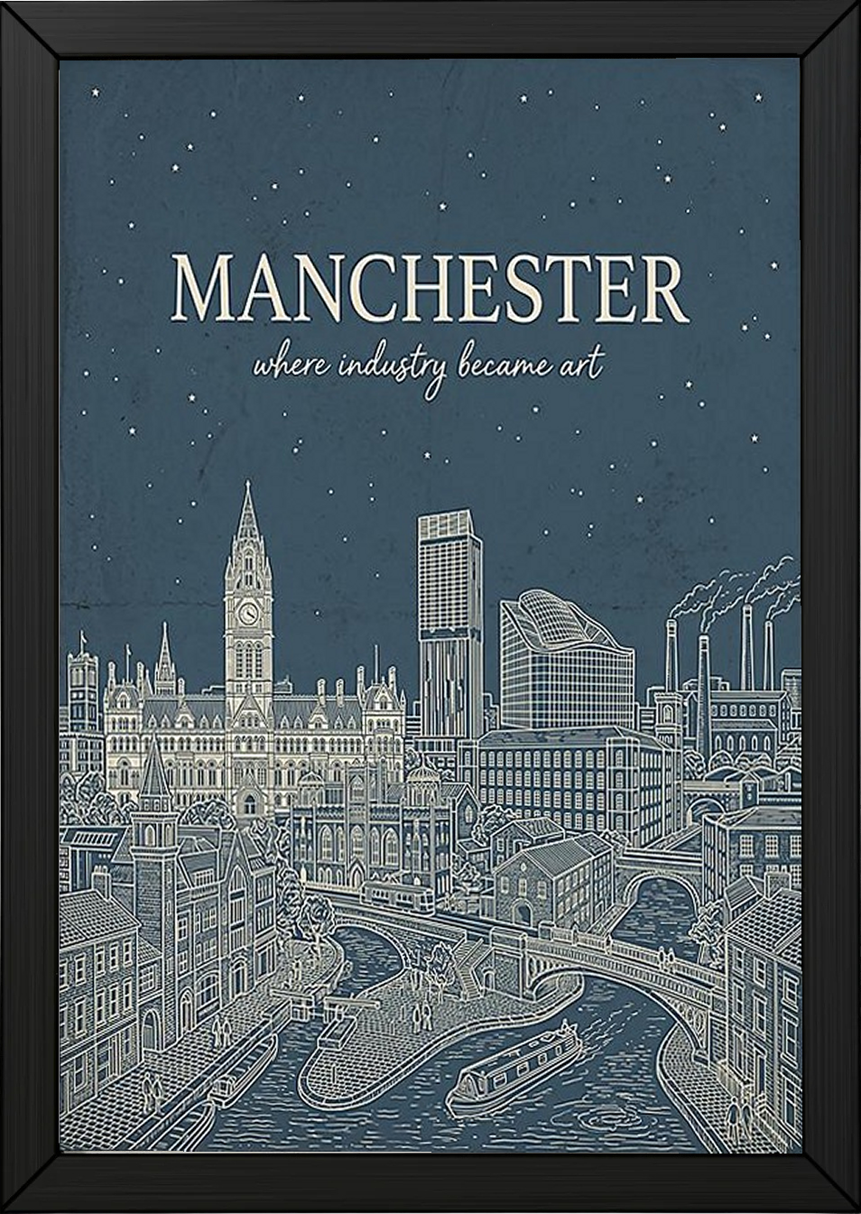 Manchester Line Art Print — Slate Blue Town Hall Industrial Skyline Wall Art