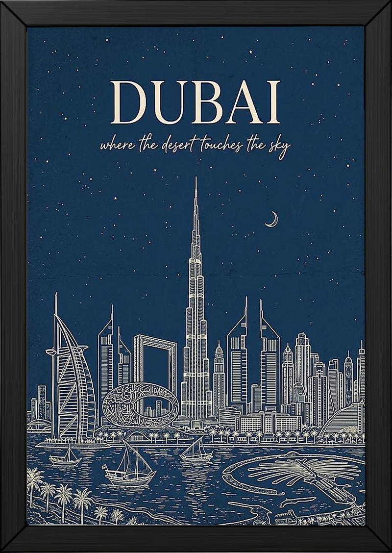Dubai Line Art Print — Navy Burj Khalifa Skyline Wall Art