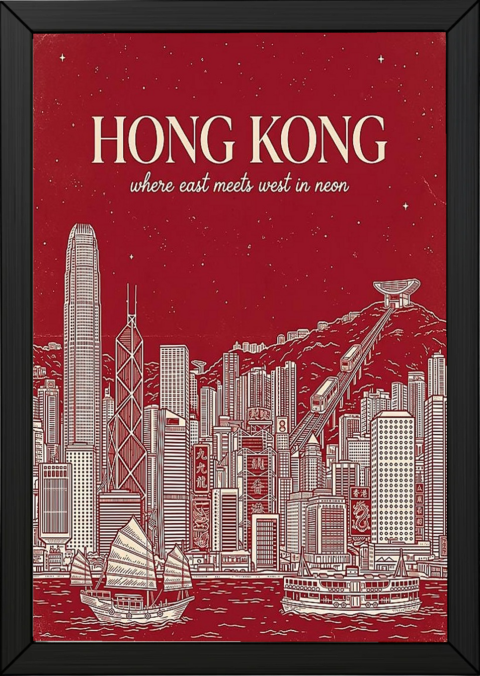 Hong Kong Line Art Print — Crimson Victoria Harbour Skyline Junk Boat Wall Art