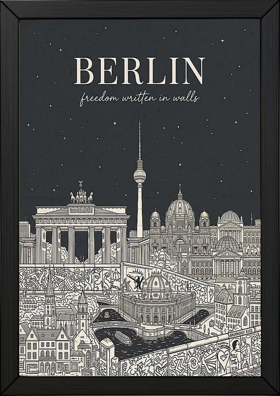 Berlin Line Art Print — Charcoal Brandenburg Gate TV Tower Skyline Wall Art