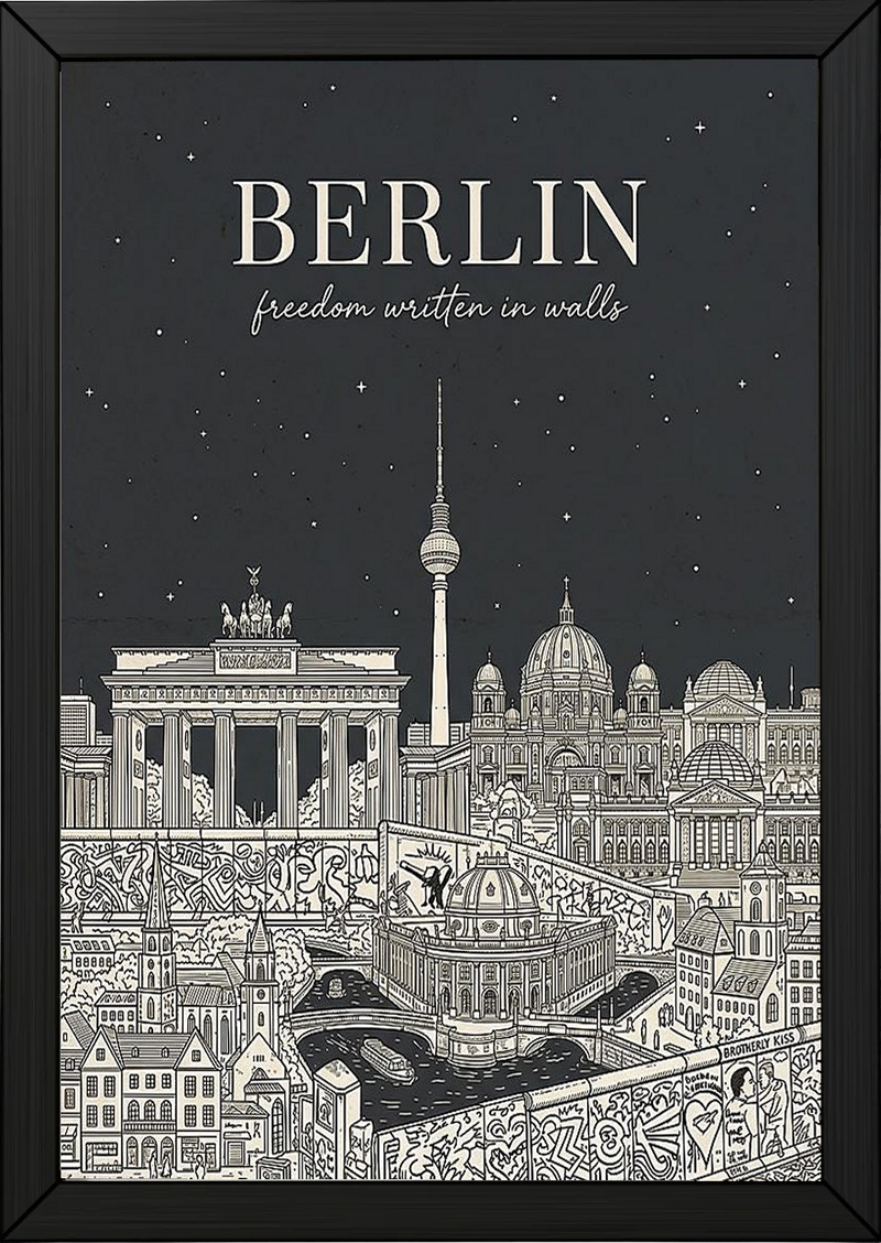 Berlin Line Art Print — Charcoal Brandenburg Gate TV Tower Skyline Wall Art