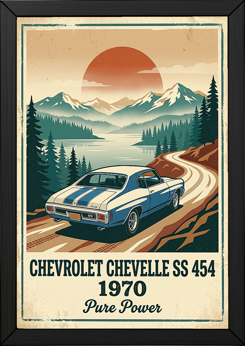 Chevrolet Chevelle SS 454 1970 Sky Blue Poster — Vintage Muscle Car Mountain Lake Print