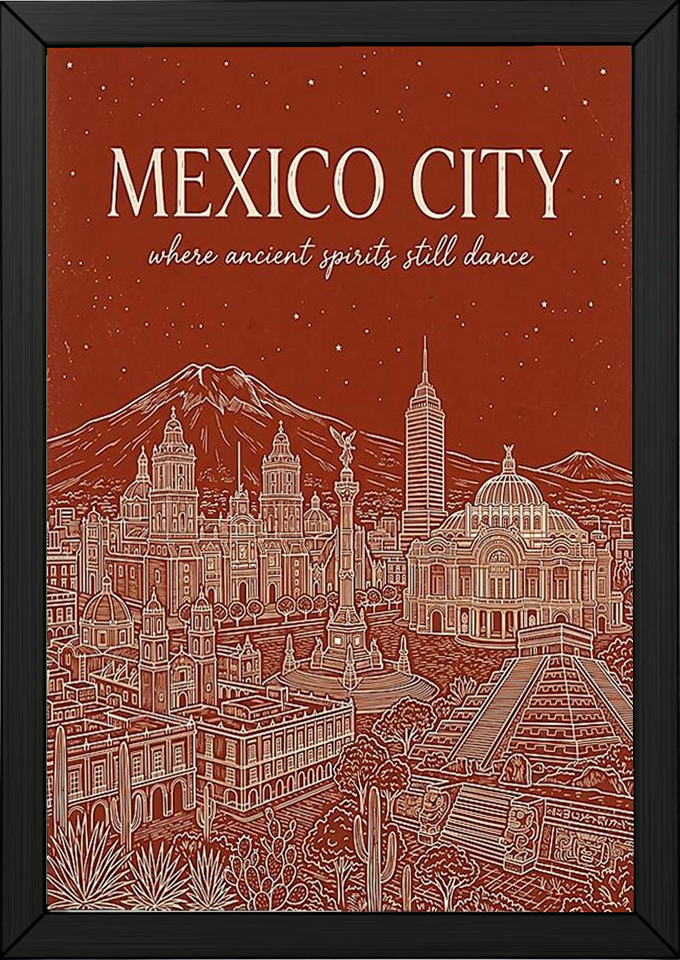Mexico City Line Art Print — Rust Bellas Artes Templo Mayor Skyline Wall Art