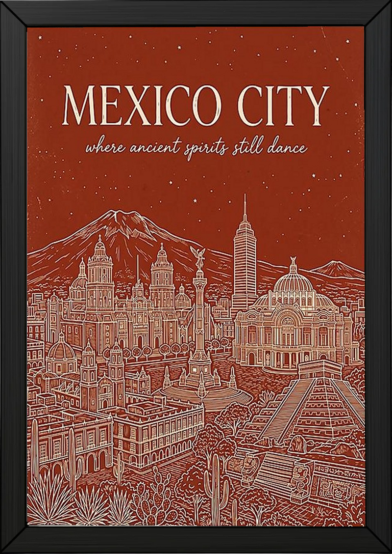 Mexico City Line Art Print — Rust Bellas Artes Templo Mayor Skyline Wall Art