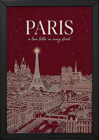 Paris Line Art Print — Burgundy Eiffel Tower Skyline Wall Art