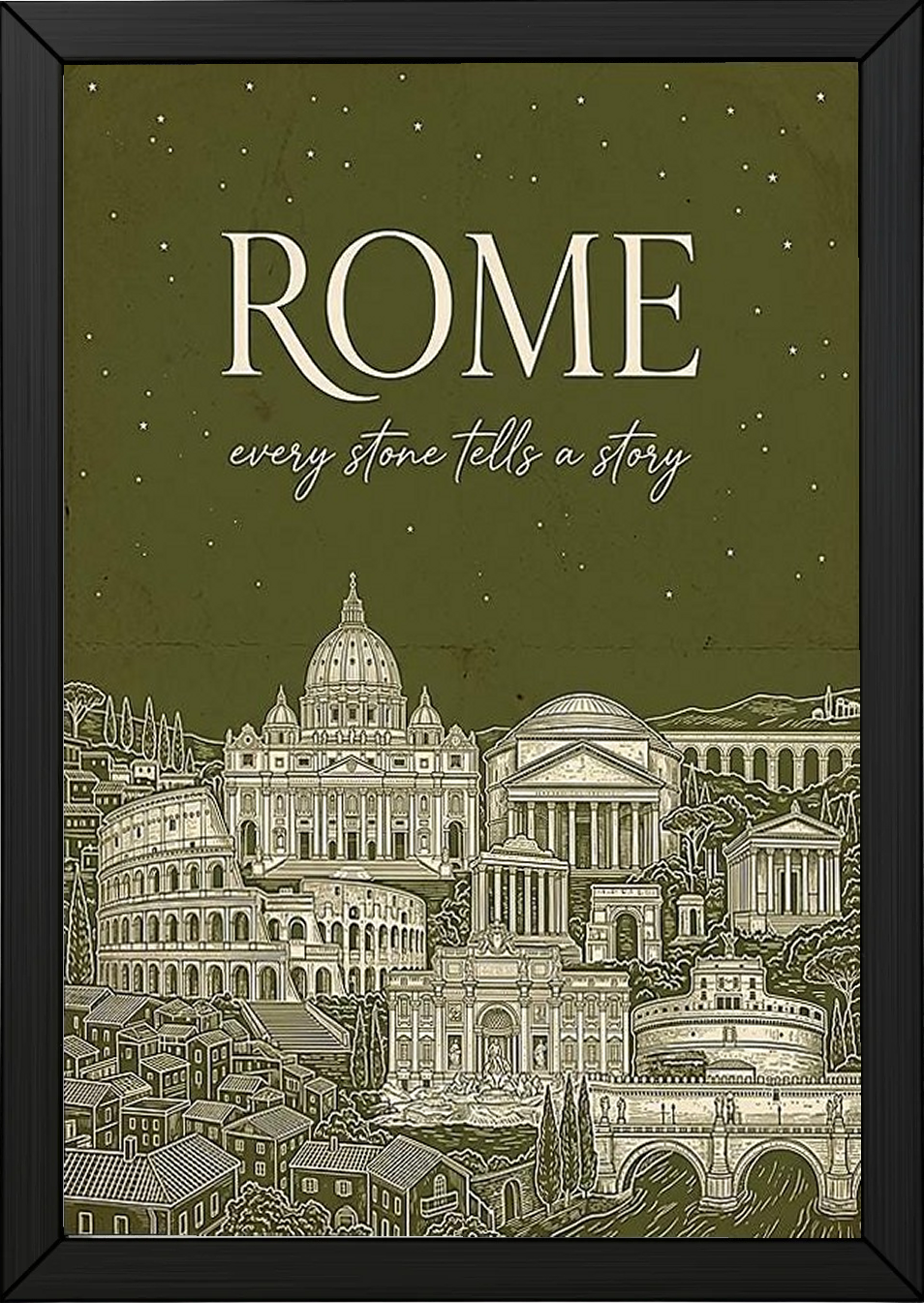 Rome Line Art Print — Olive Green Colosseum Vatican Skyline Wall Art