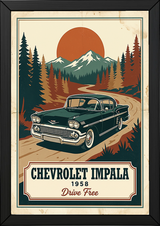 Chevrolet Impala 1958 Poster — Vintage Muscle Mountain Pine Sunset Print