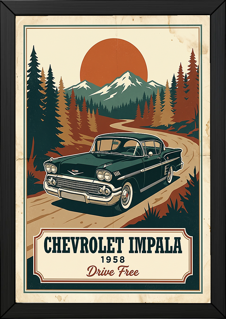 Chevrolet Impala 1958 Poster — Vintage Muscle Mountain Pine Sunset Print