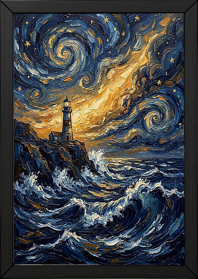Lighthouse Stormy Sea Print — Van Gogh Starry Night Coastal Wall Art