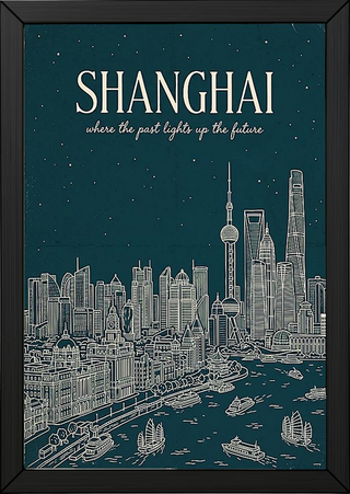 Shanghai Line Art Print — Teal Oriental Pearl Tower The Bund Skyline Wall Art
