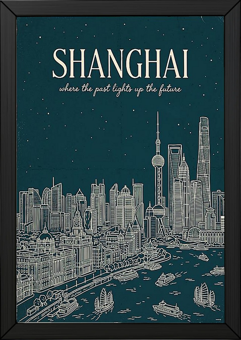 Shanghai Line Art Print — Teal Oriental Pearl Tower The Bund Skyline Wall Art