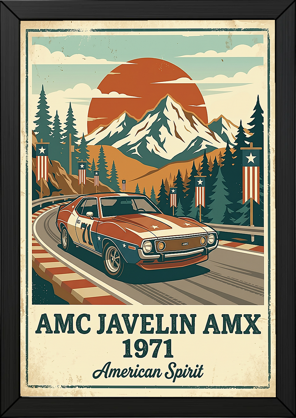 AMC Javelin AMX 1971 Poster — Vintage Muscle Car Race Track Mountain Print