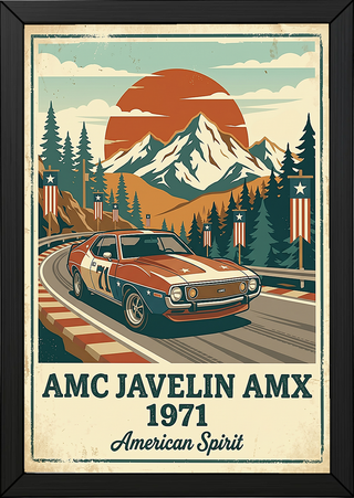 AMC Javelin AMX 1971 Poster — Vintage Muscle Car Race Track Mountain Print