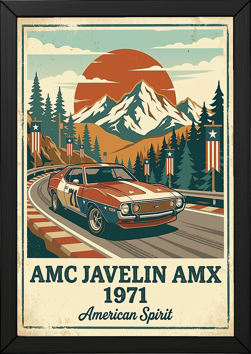 AMC Javelin AMX 1971 Poster — Vintage Muscle Car Race Track Mountain Print