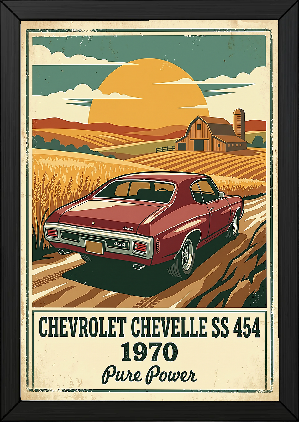 Chevrolet Chevelle SS 454 1970 V3 Poster — Vintage Muscle Car Wheat Field Barn Print