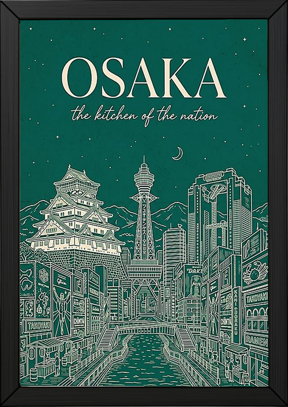 Osaka Line Art Print — Forest Green Osaka Castle Tsutenkaku Dotonbori Wall Art