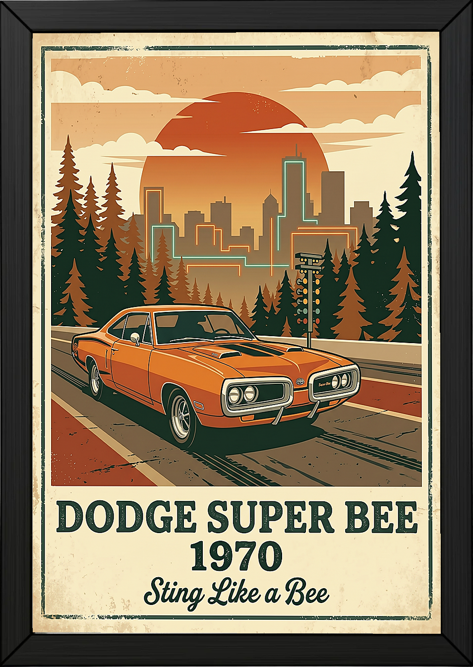 Dodge Super Bee 1970 Poster — Vintage Muscle Car City Skyline Print
