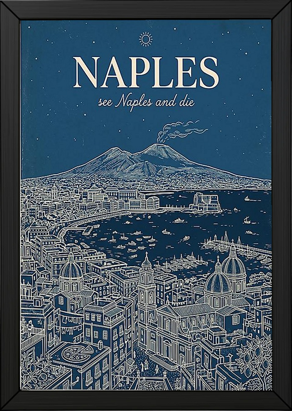 Naples Line Art Print — Navy Mount Vesuvius Bay Skyline Wall Art