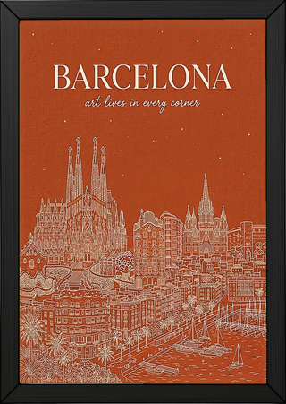 Barcelona Line Art Print — Burnt Orange Sagrada Familia Skyline Wall Art