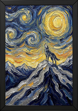 Lone Wolf Howling Mountain Peak Print — Van Gogh Starry Night Wall Art
