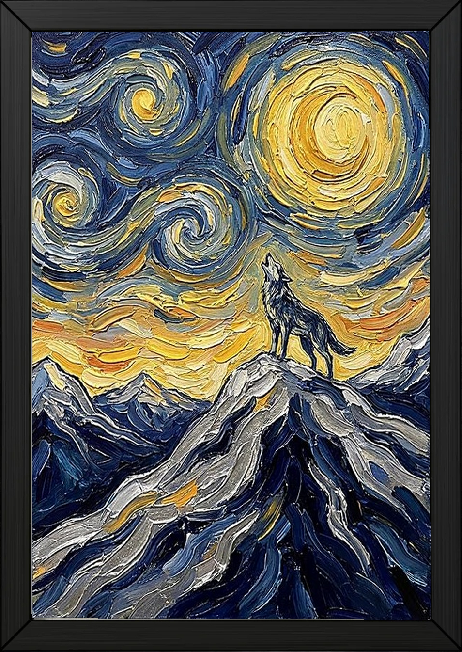 Lone Wolf Howling Mountain Peak Print — Van Gogh Starry Night Wall Art